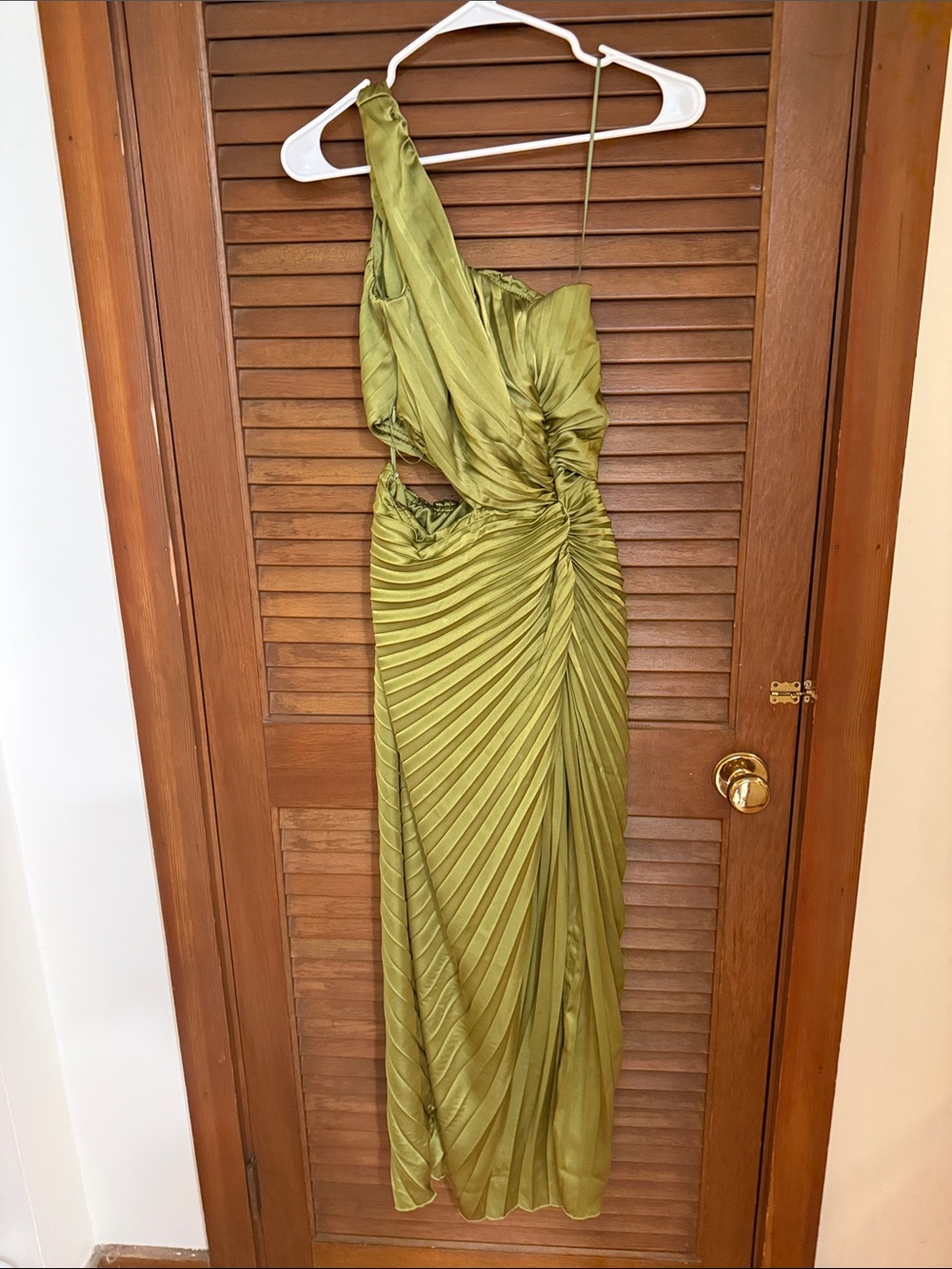 Abercrombie & Fitch Olive One-Shoulder Pleated Gown